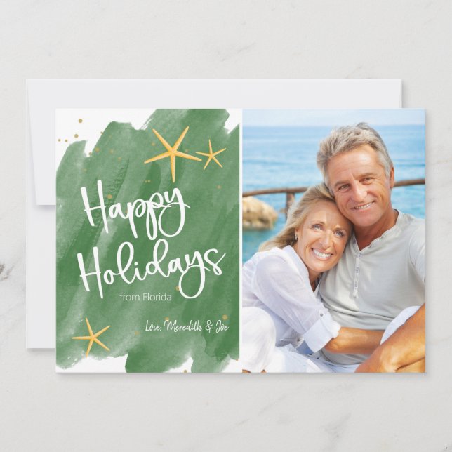 Minimalist Green & Gold Beach Watercolor Holiday (Front)