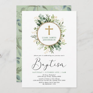 Minimalist Green Gold Botanical Greenery Baptism Invitation