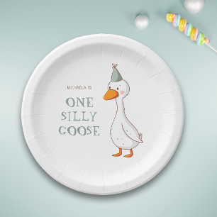 Minimalist Green Goose 1st Birthday Paper Plate