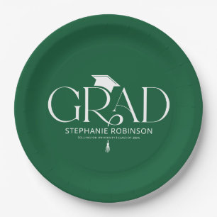 Minimalist Green Graduation Cap & Tassel Paper Plate