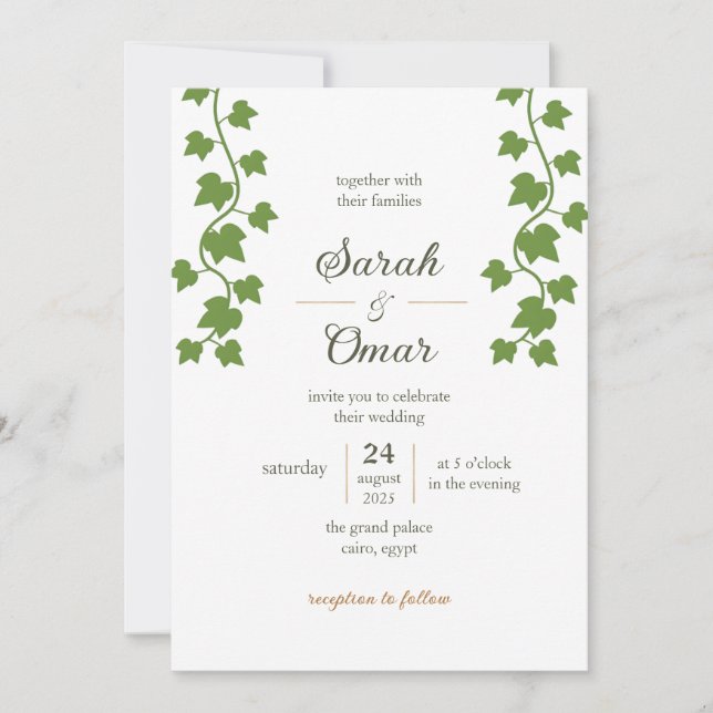 Minimalist Green Ivy Vine Wedding Invitation (Front)