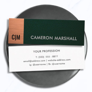 Minimalist Green Leather Monogram Copper Accent  Mini Business Card