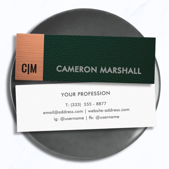 Minimalist Green Leather Monogram Copper Accent  Mini Business Card (Creator Uploaded)