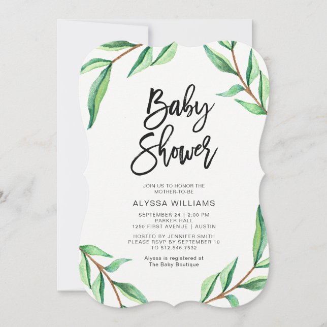 Minimalist Green Leaves on White Baby Shower Invitation (Front)