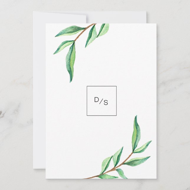 Minimalist Green Leaves on White Wedding Invitation (Front)