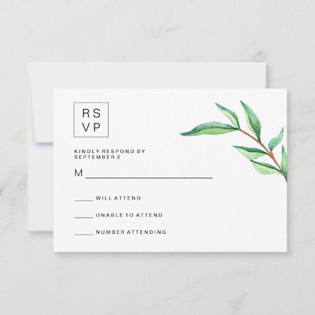 Minimalist Green Leaves on White Wedding RSVP Card (Front)