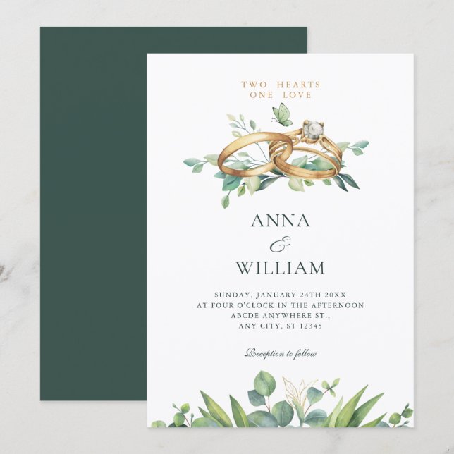 Minimalist green leaves wedding ring  invitation (Front/Back)