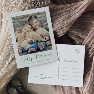 Minimalist Green Merry Christmas Portrait Photo Holiday Postcard