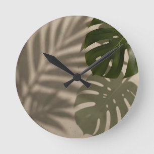 Minimalist Green Monstera Leaf Tropical Shadow Round Clock