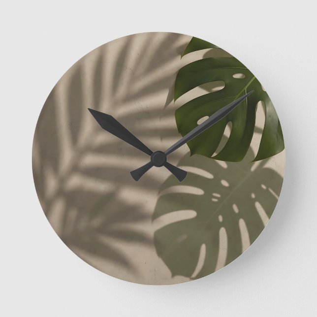 Minimalist Green Monstera Leaf Tropical Shadow Round Clock (Front)