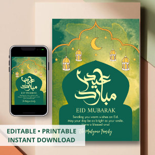 Minimalist Green Mosque Dome & Crescent Moon Eid Holiday Card