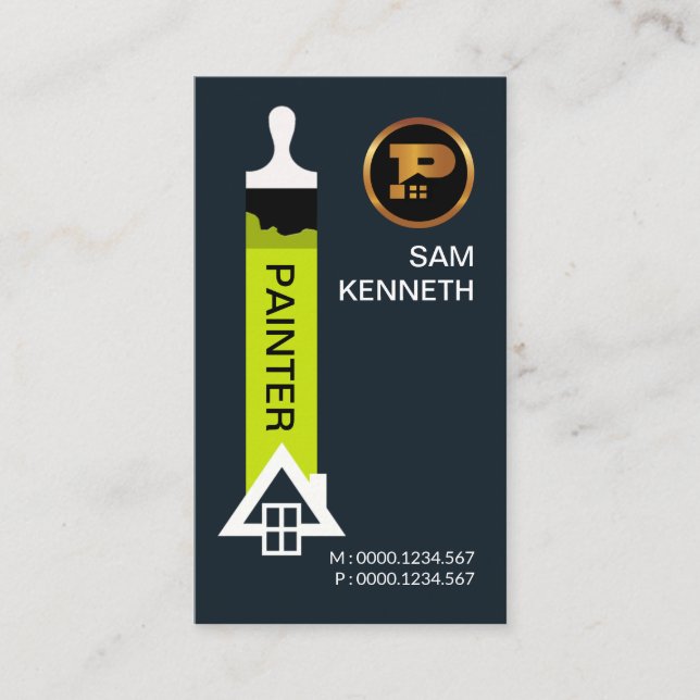 Minimalist Green Paint Brush White Home Painting Business Card (Front)