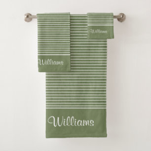 Minimalist Green Rustic Texture Stripes Initial  Bath Towel Set