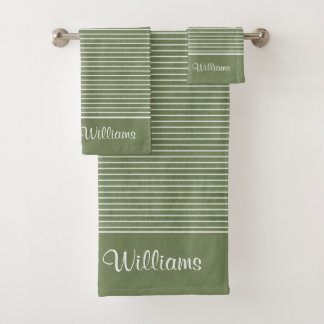 Minimalist Green Rustic Texture Stripes Initial  Bath Towel Set