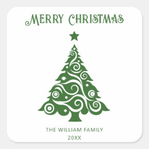 Minimalist Green Script Merry Christmas Tree   Square Sticker
