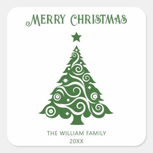 Minimalist Green Script Merry Christmas Tree   Square Sticker (Front)