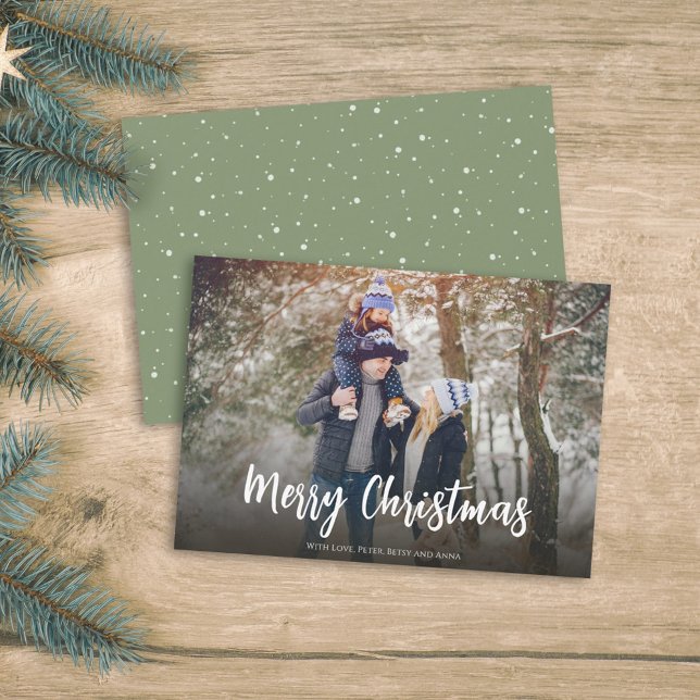 Minimalist Green Snow Dot Merry Christmas Photo Holiday Card (Minimalist green Christmas photo card with soft snowfall dots and modern Merry Christmas script.)