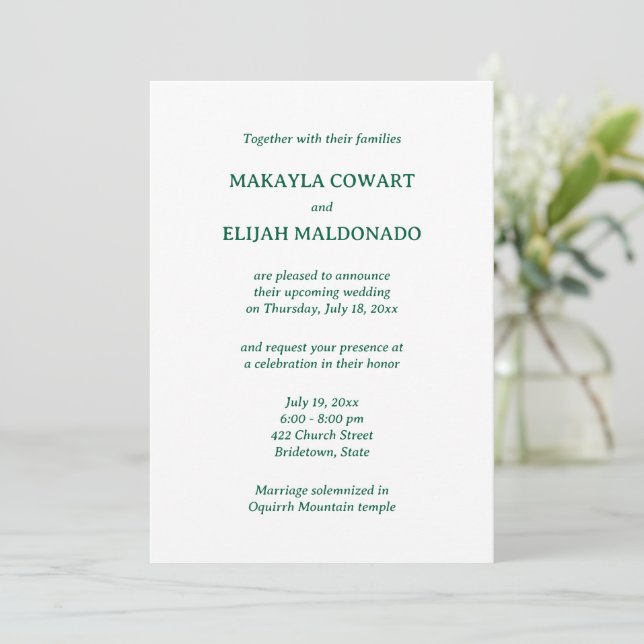 Minimalist Green Spanish-English Wedding Reception Invitation (Standing Front)