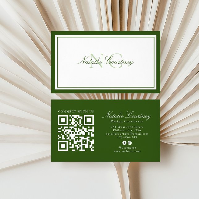 Minimalist Green Two Border Monogram with QR code Business Card (Creator Uploaded)