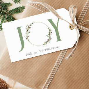 Minimalist Green Watercolor Joy Wreath Christmas Gift Tags