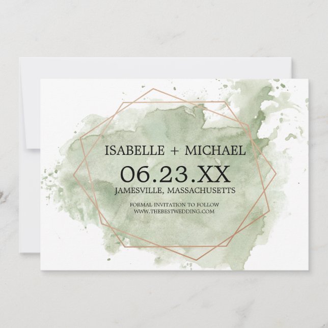 Minimalist Green Watercolor Save the Date Card (Front)