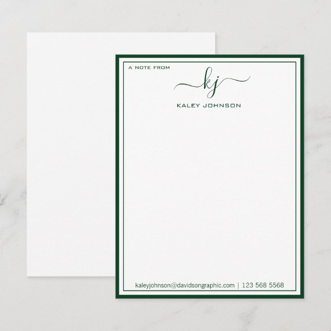 Minimalist Green White From The Desk Of Note Card (Front/Back)