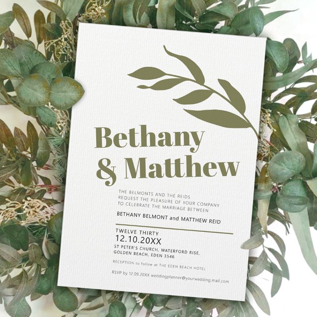 Minimalist green white olive leaves wedding invitation (Creator Uploaded)