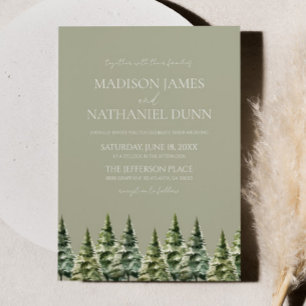 Minimalist Green Winter Snowy Pine Trees Wedding Invitation