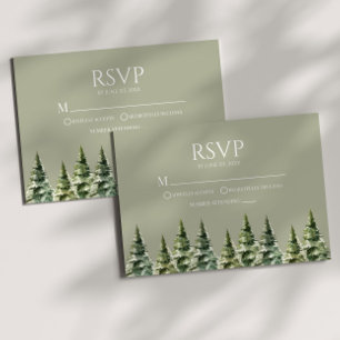 Minimalist Green Winter Snowy Pine Trees Wedding RSVP Card