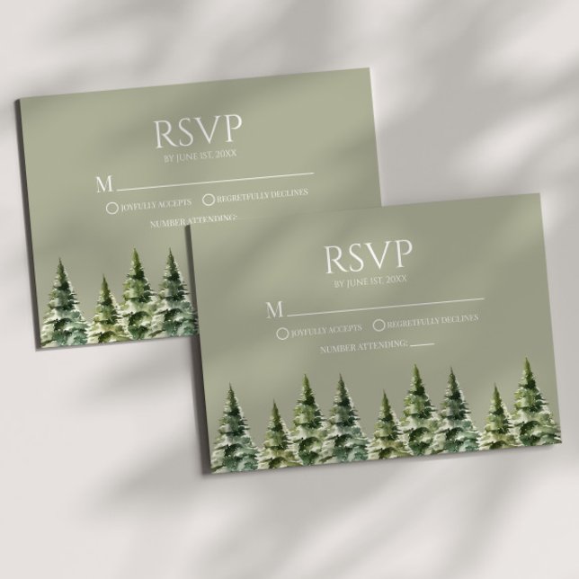 Minimalist Green Winter Snowy Pine Trees Wedding RSVP Card (Creator Uploaded)