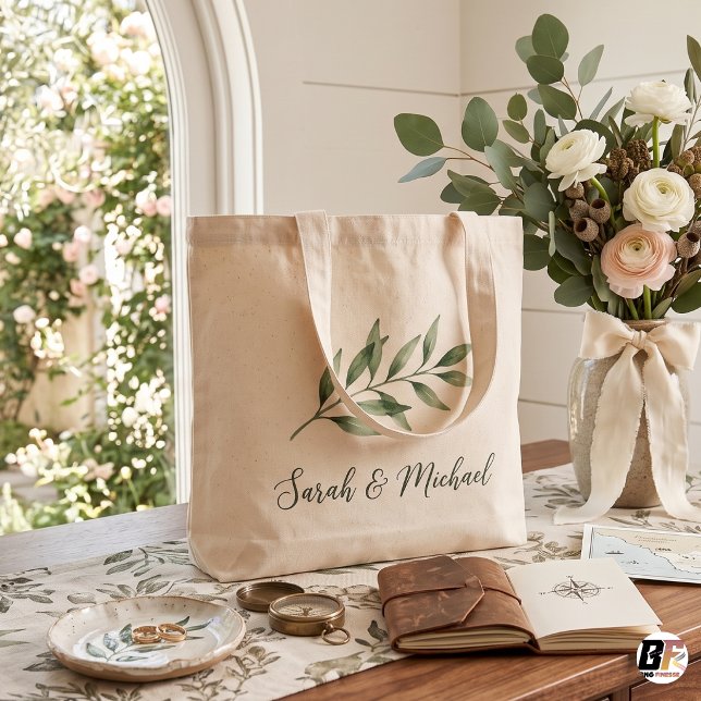 Minimalist Greenery Botanical Personalised Wedding Large Tote Bag (#ForYou)