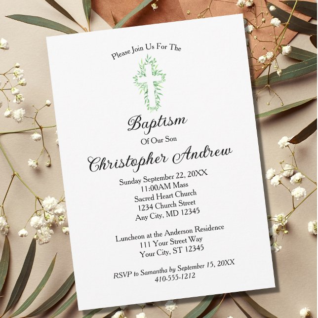 Minimalist Greenery Cross Baptism Christening Invitation (Creator Uploaded)