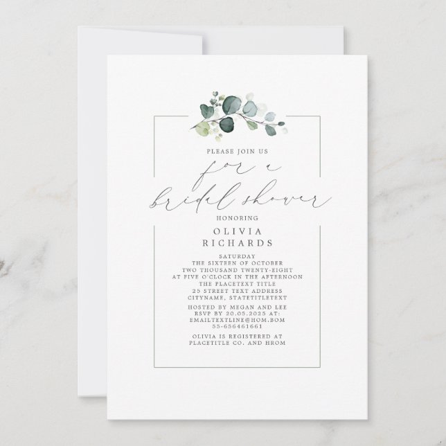 Minimalist Greenery Elegant Script Bridal Shower Invitation (Front)
