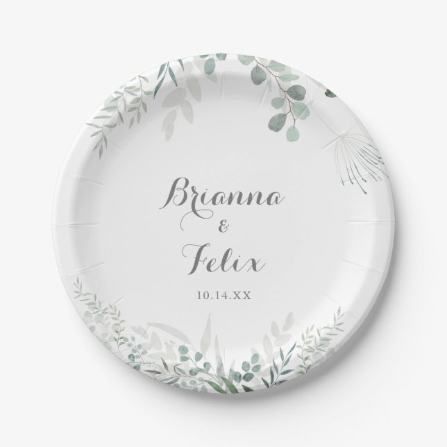 Minimalist Greenery Eucalyptus Wedding Cake Paper Plate (Front)