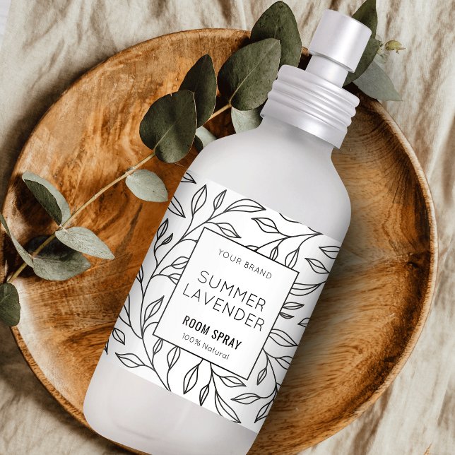 Minimalist Greenery Floral Room Spray Bottle Label (Modern black and white floral design room spray bottle label)