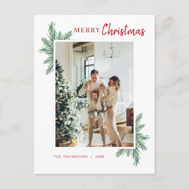Minimalist Greenery Pine Photo Red Merry Christmas Postcard (Front)