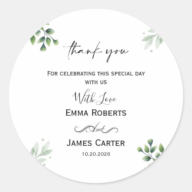 Minimalist Greenery Thank You Round Sticker (Front)