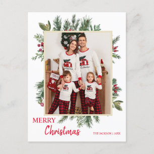 Minimalist Greenery with Red Photo Merry Christmas Postcard
