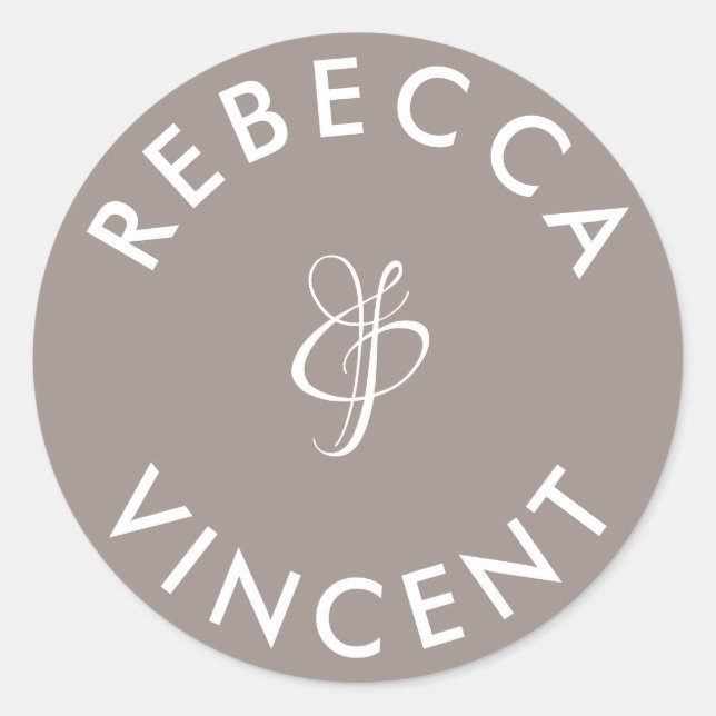 Minimalist Greige Gray Wedding Personalized Names Classic Round Sticker (Front)