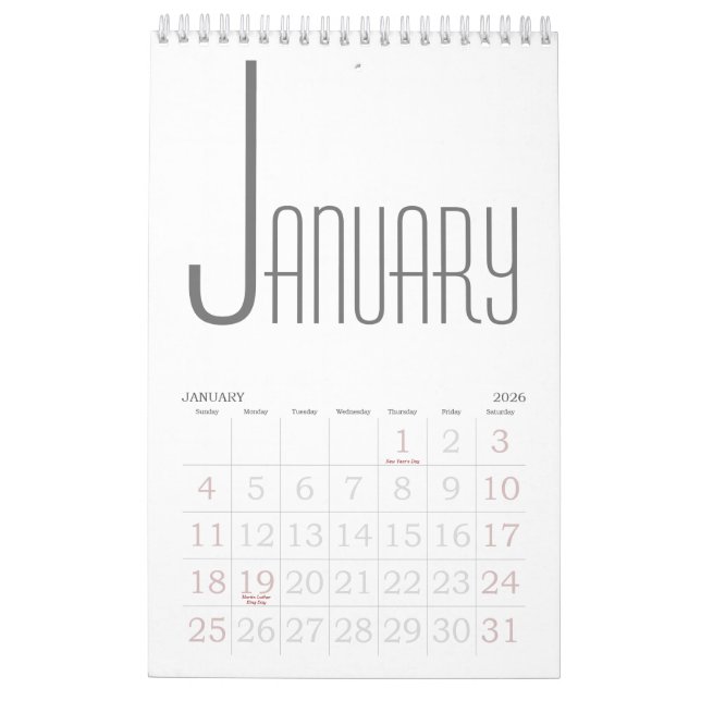 Minimalist Grey and white Calendar (Jan 2026)