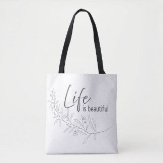 Minimalist Grey Botanical "Life is Beautiful" Canv Tote Bag
