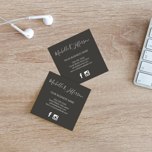 Minimalist Grey Cursive Text Social Media Icons Square Business Card (Creator Uploaded)