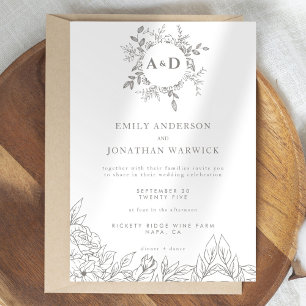 Minimalist Grey Floral Monogram Wedding Invitation