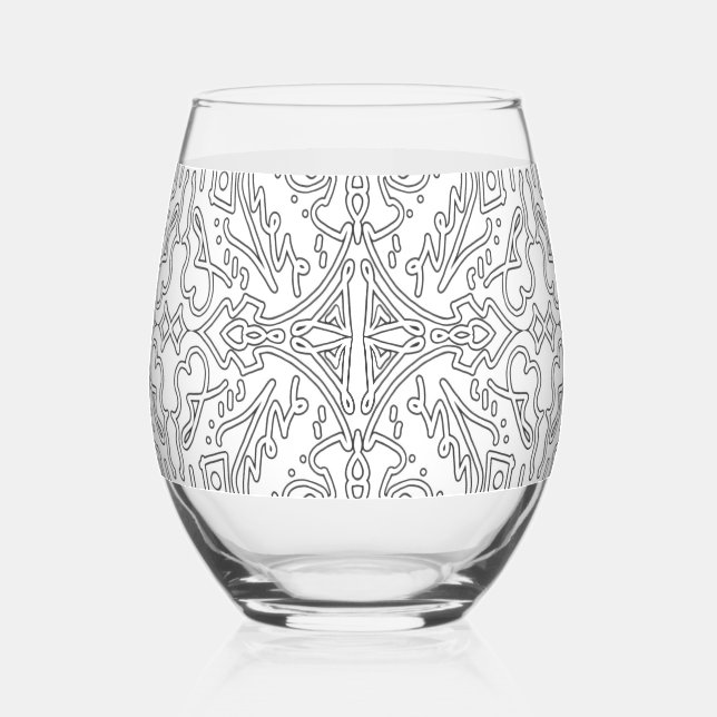 Minimalist Grey Floral Pattern Stemless Wine Glass (Front)