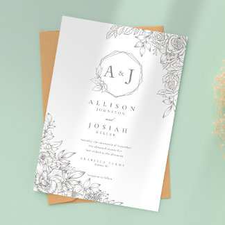 Minimalist Grey Floral Wedding Invitation