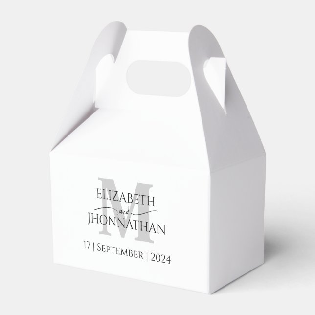 Minimalist Grey Monogram Name and Date Wedding Favour Box (Front Side)