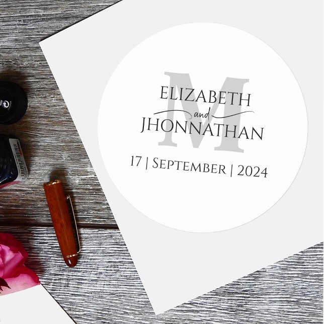 Minimalist Grey Monogram Wedding Classic Round Sticker (Creator Uploaded)