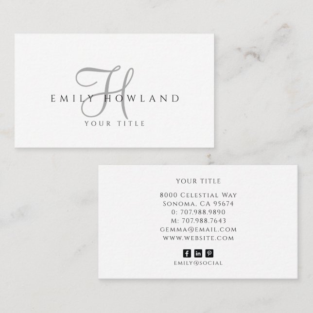 Minimalist Grey Script Monogram Name  Business Card (Front/Back)