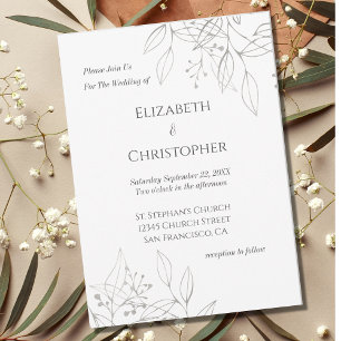 Minimalist Grey Silver Botanical Leaves Wedding Invitation