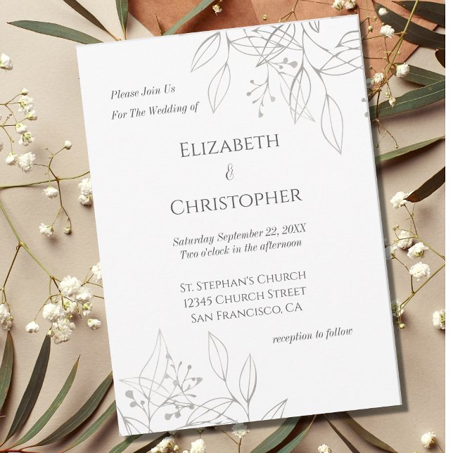 Minimalist Grey Silver Botanical Leaves Wedding Invitation (Creator Uploaded)
